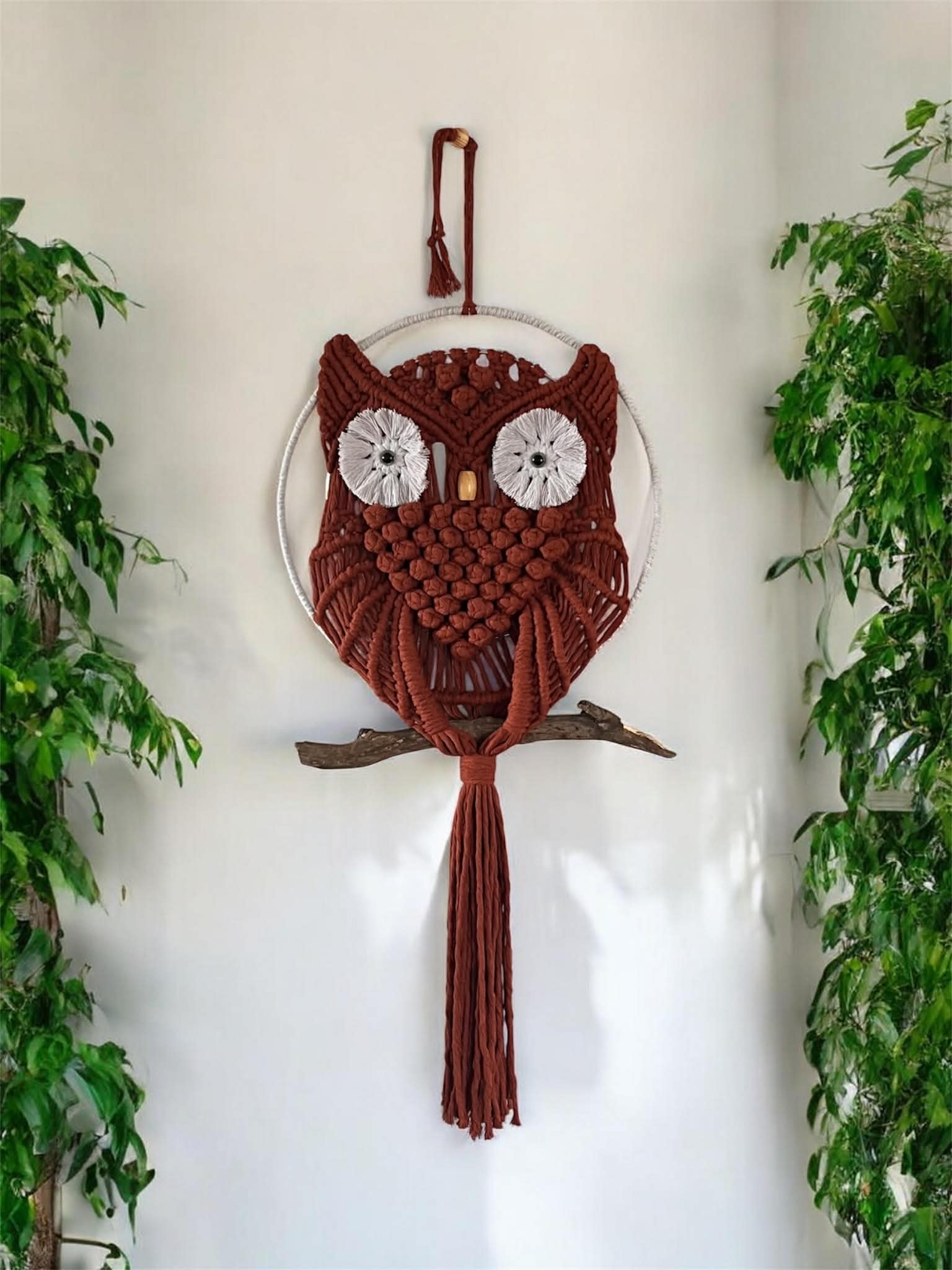 Handcrafted Macrame Owl Wall Hanging - Natural Brown & White
